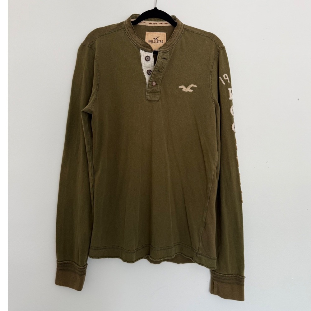 Vintage Hollister Long Sleeve Henley Shirt Men's Size XL Olive Green Y2K Surf